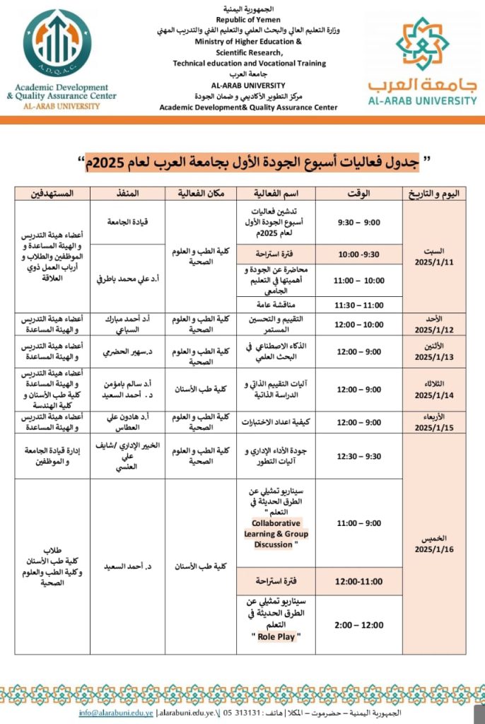 السبت القادم إنطلاق فعاليات أسبوع الجودة الاول بجامعة العرب
